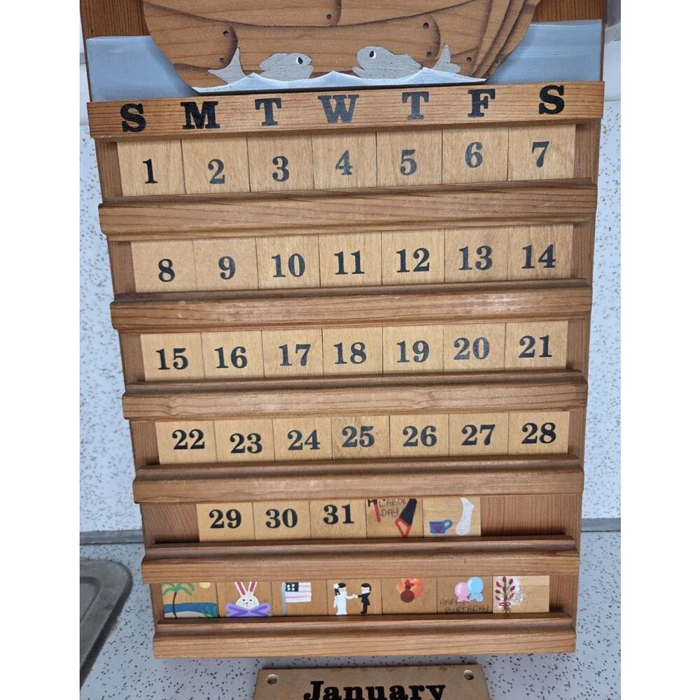Vtg Wooden Calendar Wall Hanging Noah's Ark Holiday Tiles Cottagecore Nursery
